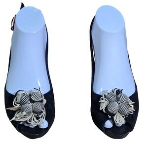 Sacha London Black Suede Peep‎ Toe Slingback Heels Floral Flower US 7 EU 37.5